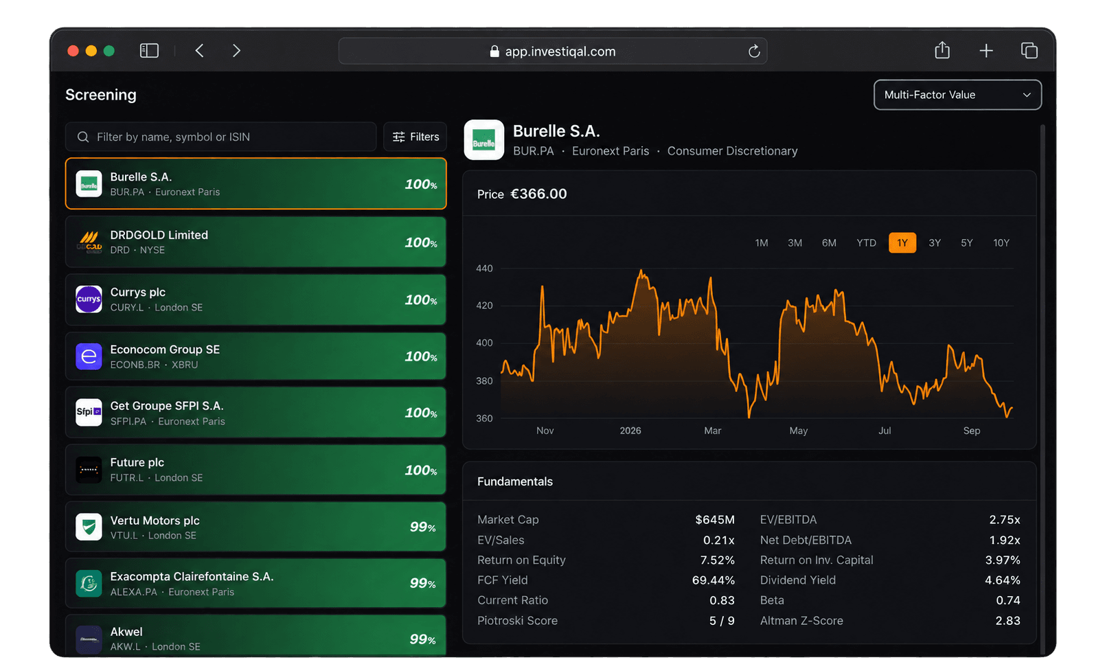 Multi-Factor Value stock screener in Investiqal