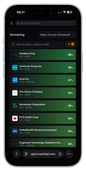 The Greenblatt screener in Investiqal with strategy selection and ranking