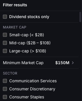 Filters for market cap, sector, and country