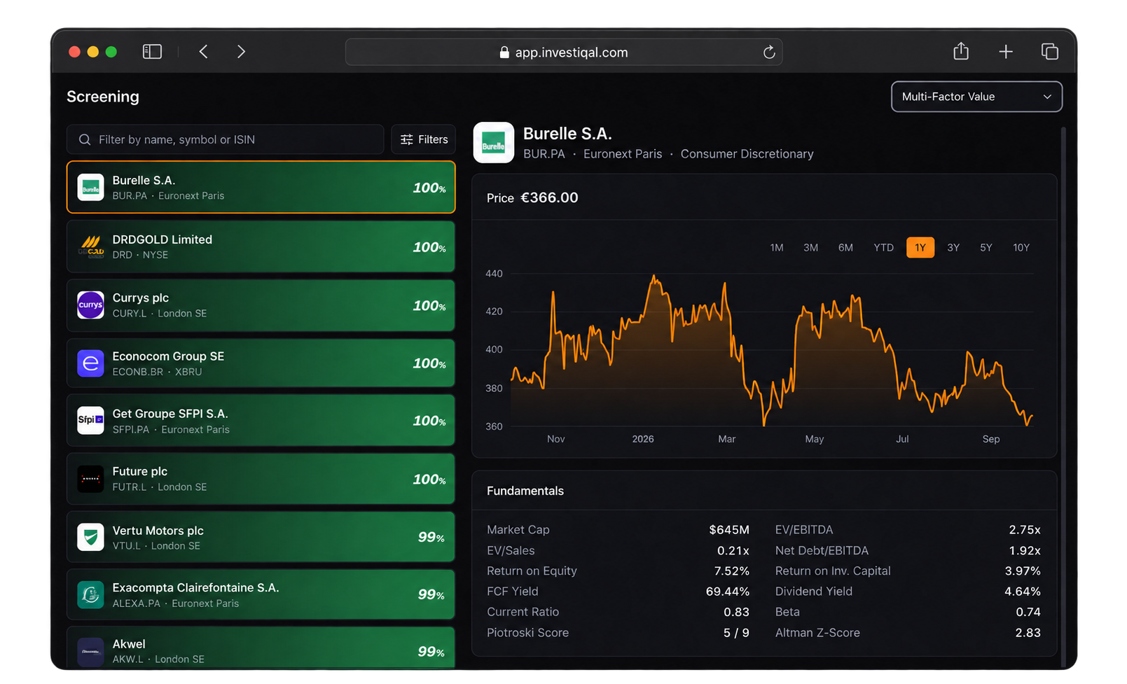 The Multi-Factor Value screener in Investiqal